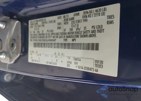 2016 Ford Escape Se z USA, uszkodzony, nr VIN 1FMCU0GX8GUA66847